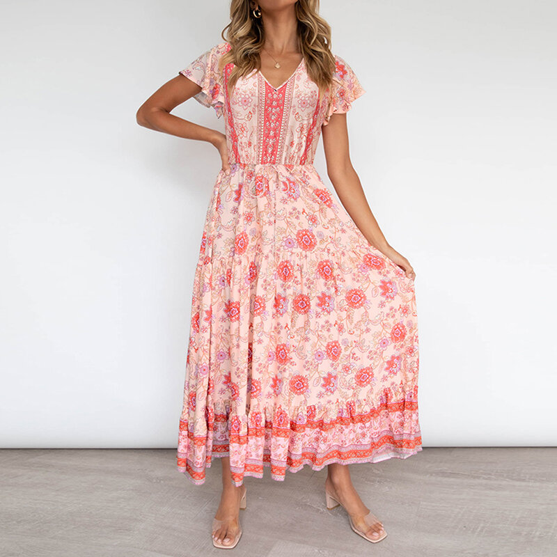 Женское платье макси с цветочным принтом, Летнее Длинное Платье в стиле бохо с V-образным вырезом и поясом на резинке, лето 2021