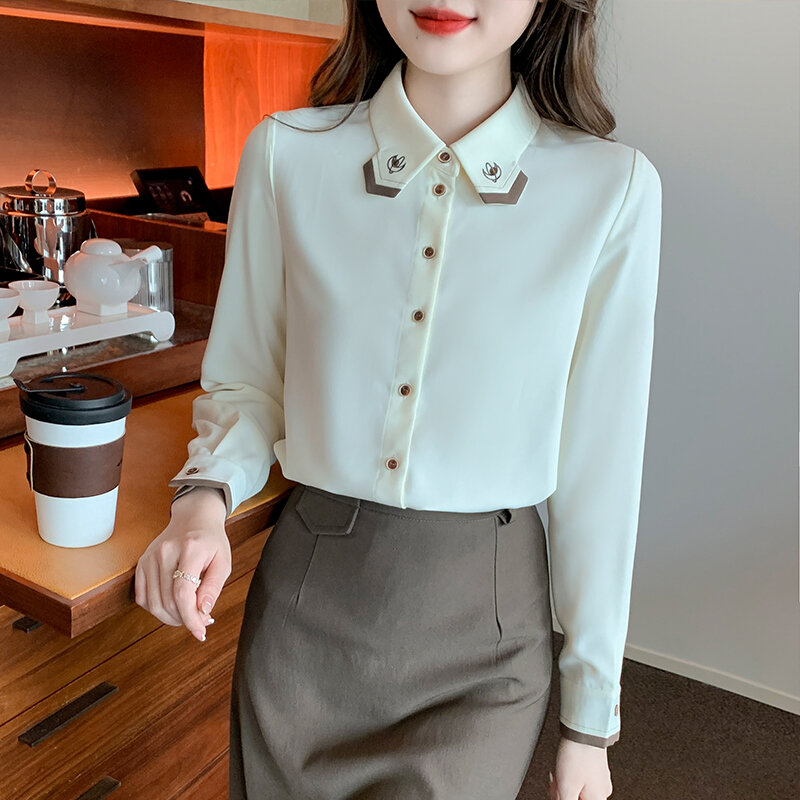 女性用長袖シャツ,エレガントなオフィスウェア,刺embroideredの襟,シフォン,ボタン,2022