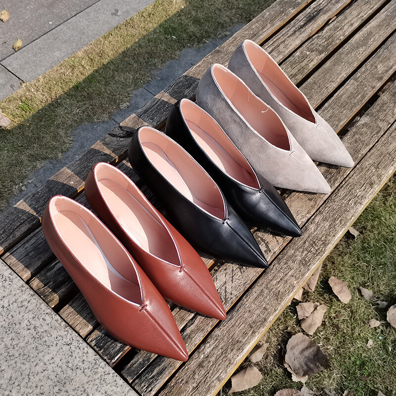 Escarpins en cuir véritable pour femmes, chaussures simples à bouche peu profonde, grande taille 22 – 2022 cm, en daim de vache/mouton, nouvelle collection 26.5