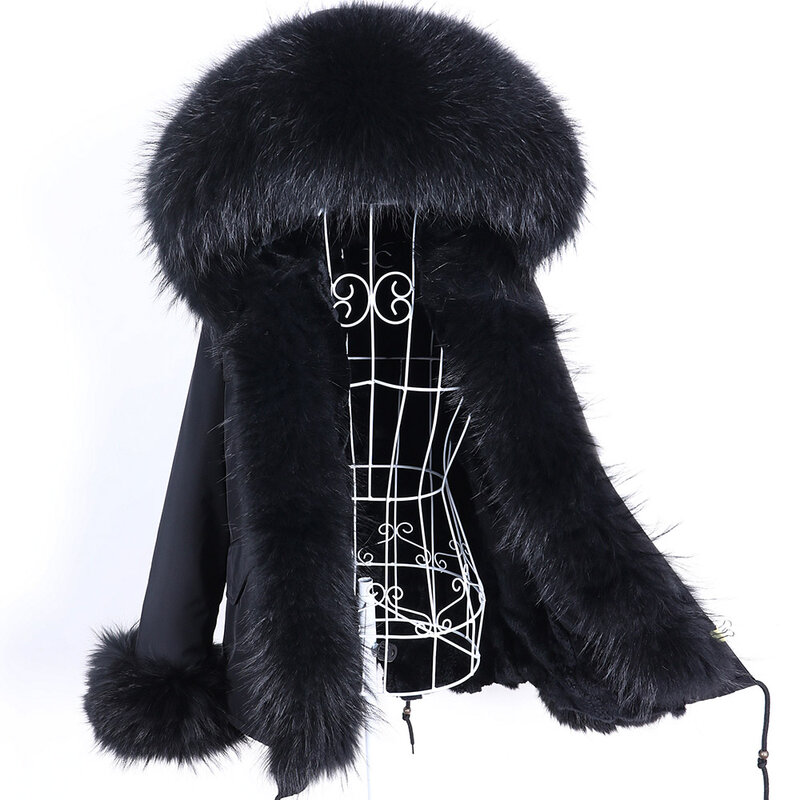 Maomaokong 2022 novas mulheres inverno casaco de pele coelho forro hoode jaqueta natural real raposa gola guaxinim parka curto roupas femininas