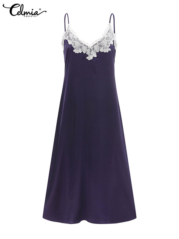 Celmia Sexy Stitching Lace Nightgowns Solid Elegant Satin 2022 Summer Long Nightdress Women Spaghetti Straps V-neck Sleepwear