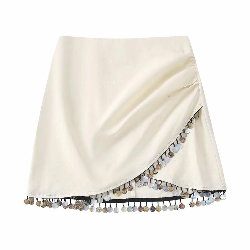 Falda de lino informal para Mujer, falda Vintage con diseño de cuentas, plisado lateral, dobladillo Irregular, Vestidos nacionales