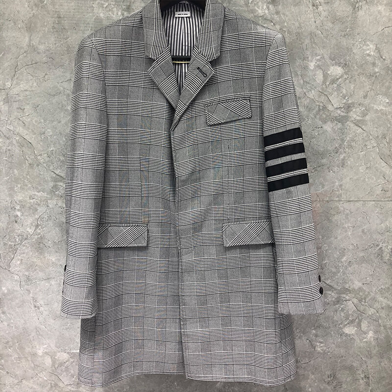 Tb thom jaquetas masculinas marca de moda outono inverno longo casaco preto lã branca turn down collar 4-bar design blazer xadrez