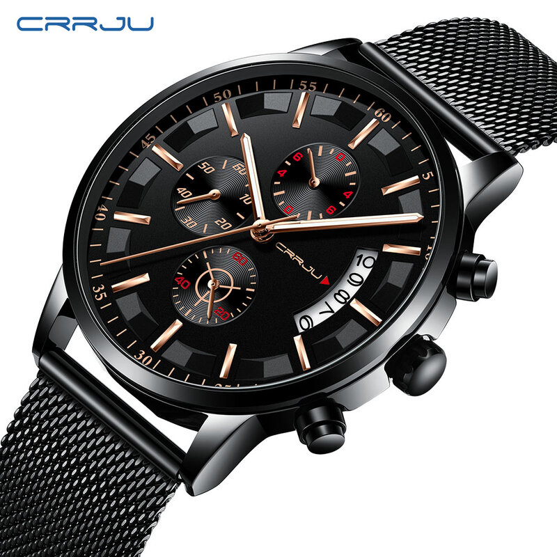 CRRJU 2022 New Men's Steel Band Sports Watch Fashion Business Multifunctional Six Needle Timing Mineral Reinforced Glass Mirror