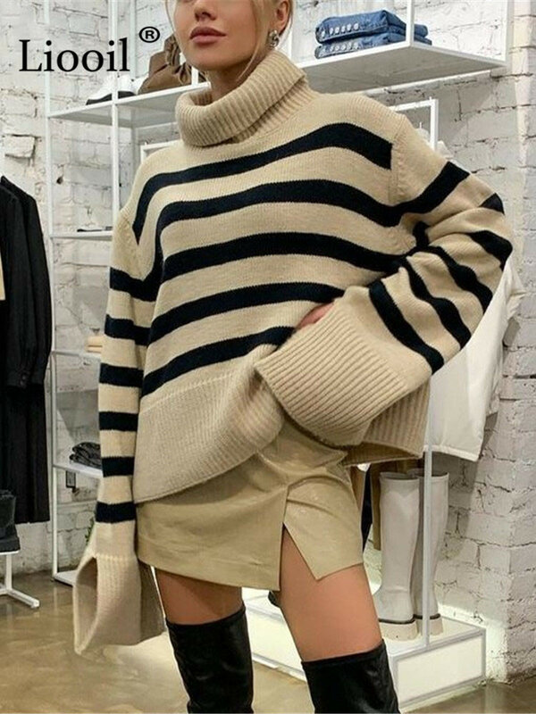 Liooil dzianina w paski prążkowany sweter workowate topy kobiety sweter sweter damski golf Streetwear jesień dzianiny luźne swetry