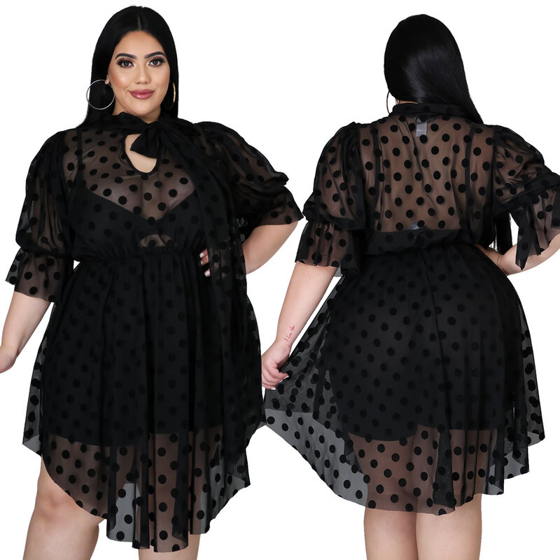 Women's Plus Size Dress New Large Size Polka Dot Mesh Perspective Dress Women Without Inner Wear Spring Summer Party Dresses