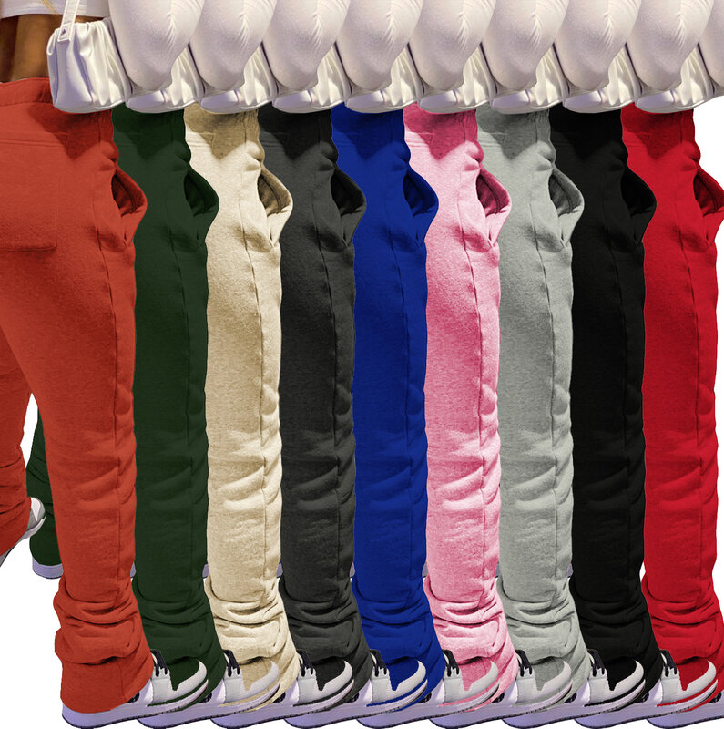 Pantalones de chándal apilados para mujer, pantalón de cintura elástica, grueso, cálido, fruncido, 7 colores, 3XL, Otoño e Invierno