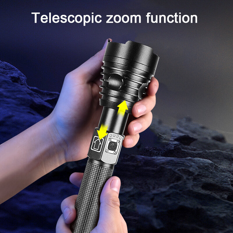 Lanterna LED Zoomable para caça, lâmpada de mão impermeável, tocha recarregável USB, luz flash tática poderosa, XHP360, 18650