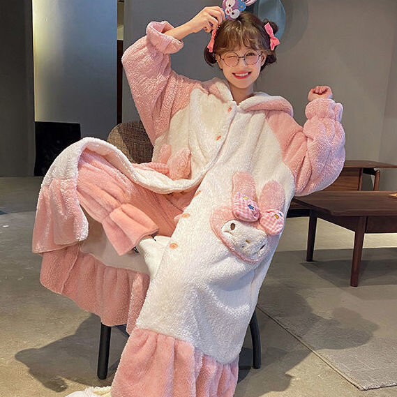 Kawaii My Melody Pajamas Cartoon Soft Warm Thicken Plush Flannel Sleepwear Hoodies Long Pajamas Set For Girl Women Winter