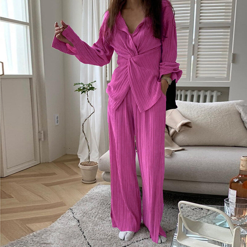 Casaul dwuczęściowy zestaw kobiet lato elegancki Chic koszula z długim rękawem i spodnie strój 2022 różowy wysokiej talii szerokie spodnie nogi garnitur luźne
