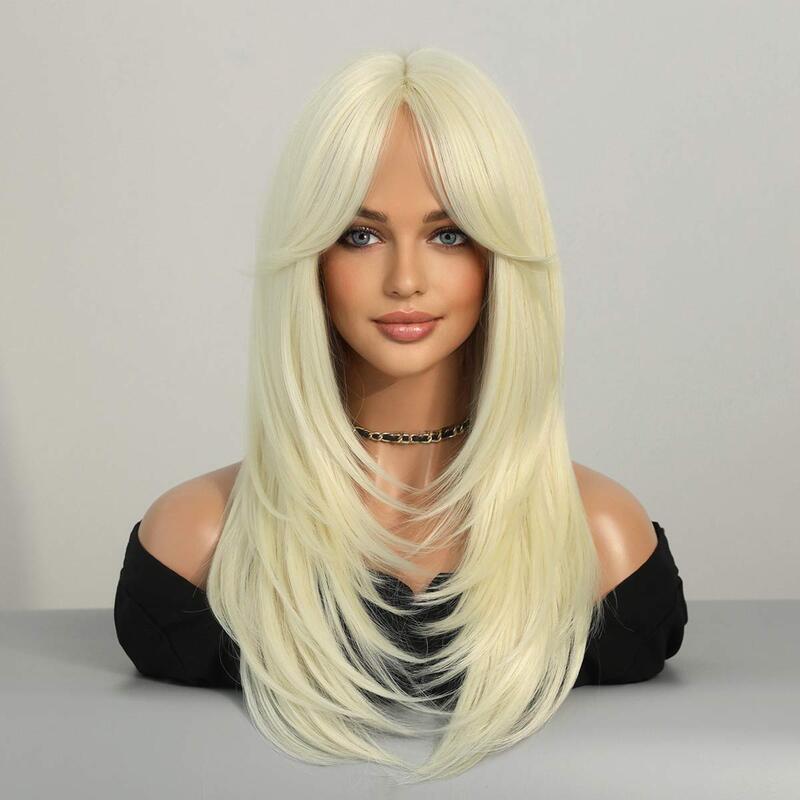 Miód peruki blond dla kobiet peruka z grzywką długie Straigh HD Frontal włókno termoodporne włosy codziennie peruka do Cosplay włosy syntetyczne