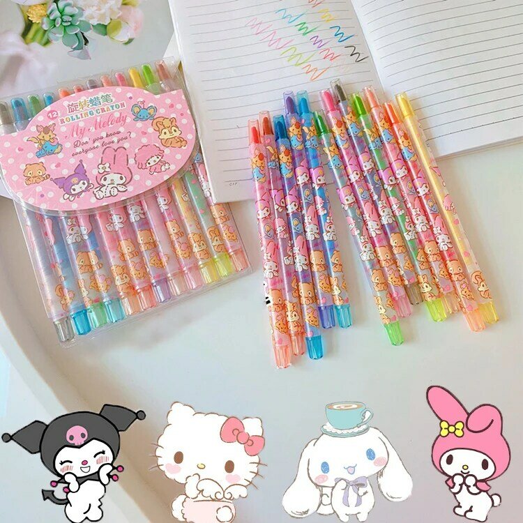 12 Colors Kawaii Sanrios My Melody Cinnamonroll Cartoon Art Colored Pencil Drawing Graffiti Pen Kids Crayon Marker Pens
