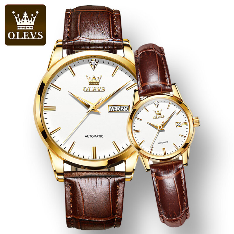 OLEVS อัตโนมัติ Corium คู่สายนาฬิกาข้อมืออัตโนมัติเต็มรูปแบบหรูหราแฟชั่นนาฬิกาคู่ส่องสว่าง