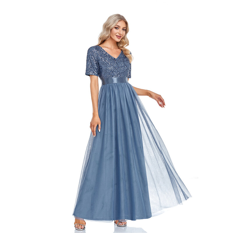 V-Neck A-Line Sequins & Tulle Elegant Blue Evening Dresses Short Sleeves Floor Length Women Summer Party Dresses
