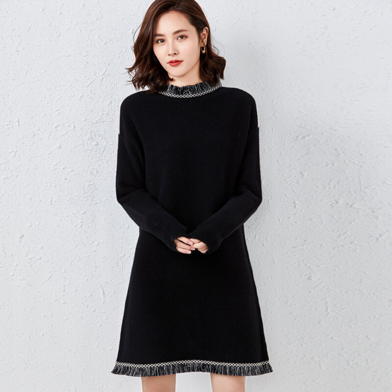 2022 Autumn And Winter New Pure Wool Sweater Women's Fur Collar Pullover Mid-Length Loose Fashion Knitted Bottoming Sweater