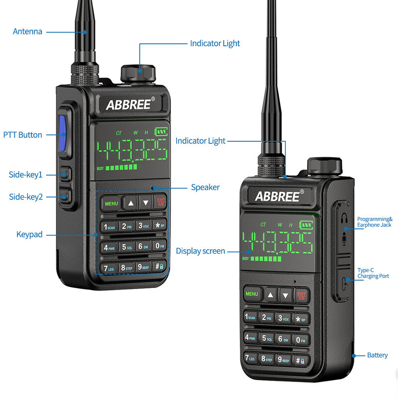 2022.ABBREE AR-518 6 Bands Amateur Ham Two Way Radio 256CH Air Band Walkie Talkie VOX DTMF SOS LCD Color Police Scanner Aviation