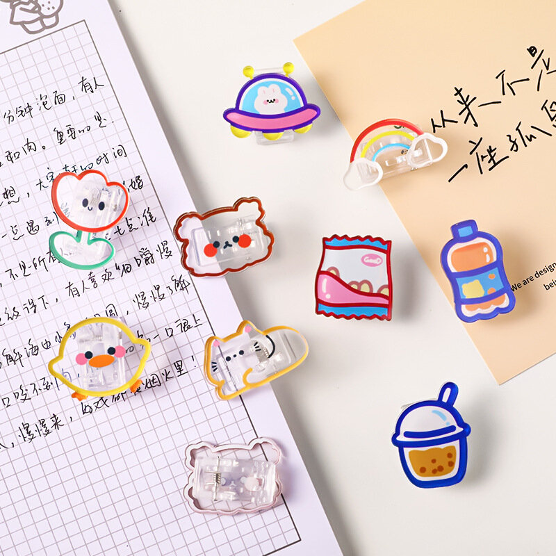 2pcs Kawaii 클립 투명 아크릴 파일 폴더 편지지 테스트 종이 클립 만화 간식 씰링 클립 귀여운 학생 용품