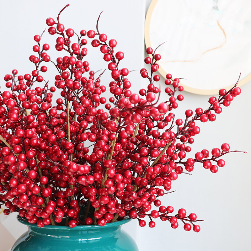 4 pçs falso holly berry vermelho bagas decoração de flores artificiais galhos decoração de natal decorações de véspera de ano novo decoração de casa