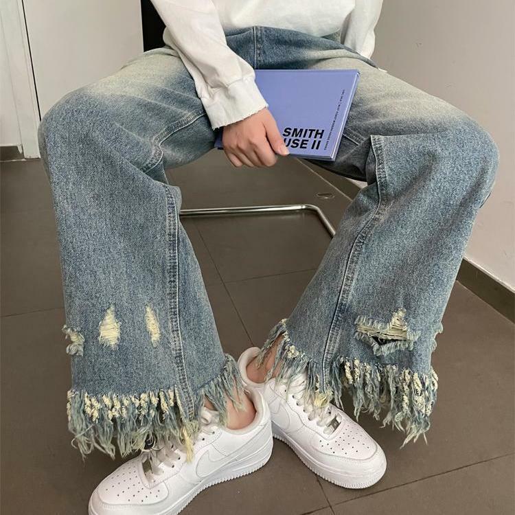 Harajuku Y2K tassel torn jeans women's high waist loose straight pants look thin old wide leg pants free personality jeans