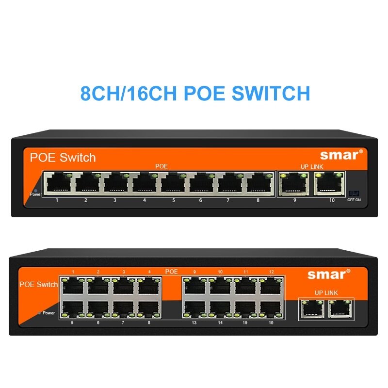 New 48V 8/16 Ports POE Switch with standardized RJ45 port IEEE 802.3 af/at with 10/100Mbps for POE Cameras CCTV Security Camera