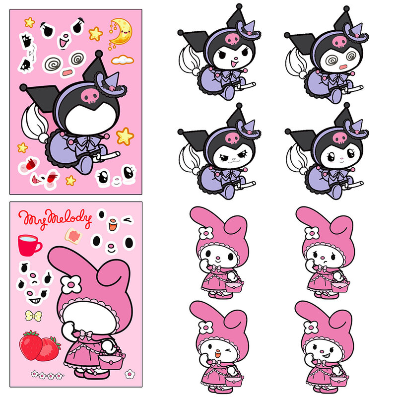 Pegatinas de rompecabezas Sanrio Kuromi Hello Kitty para niños, juguetes educativos para manualidades, juegos para hacer una cara, DIY, 6 o 12 hojas