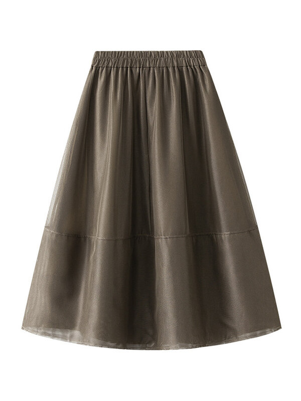 Women's Brief Organza Solid Color Midi Skirt With Pockets Korean Elastic High Waist Black Flare A-Line Skirts 2022 Summer K100