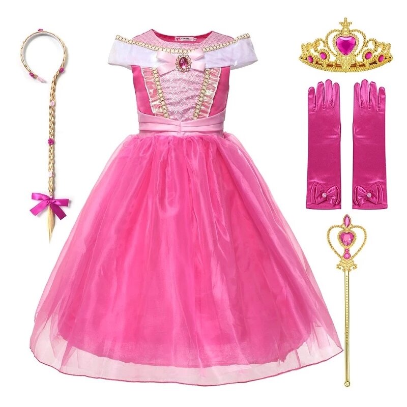 Gadis Kecil Putri Aurora Kostum Tanpa Lengan Off Bahu Tidur Kecantikan Halloween Gaun Pesta Ulang Tahun Anak-anak Pakaian