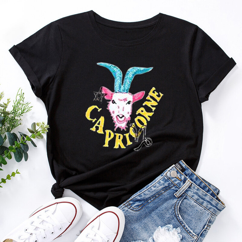 양자리 인쇄 여성 T 셔츠 반소매 O 넥 느슨한 여성 Tshirt 숙녀 티 셔츠 탑스 의류 Camisetas Mujer