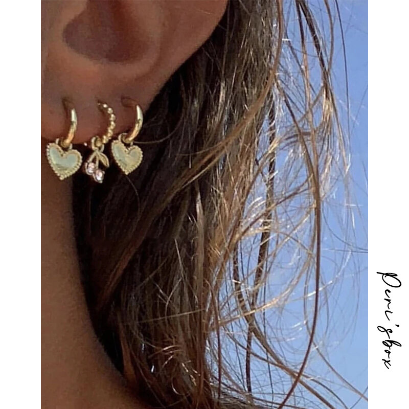 Peri'sBox 4Pcs/Set Love Heart Gold Color Small Hoop Earrings Cherry Rhinestone Earrings for Women Cute Romantic Earrings Trendy