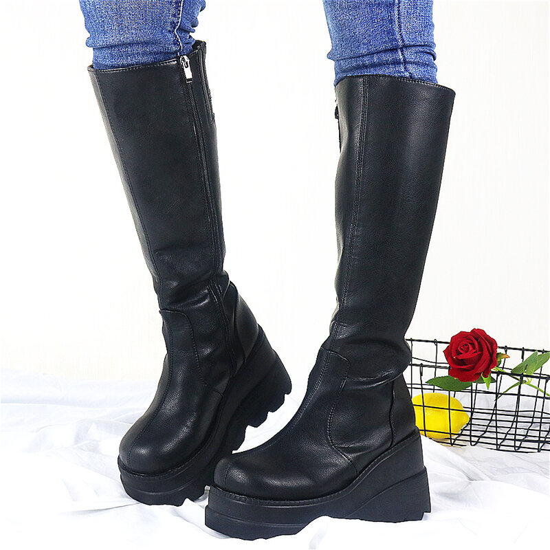 DORATASIA-Botas de plataforma alta con cremallera para mujer, zapatos de cuña, 35-43 talla grande, 2020