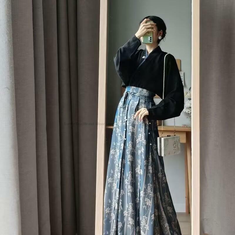 Improved Chinese Song Dynasty Hanfu Female Retro Daily Casual Spring Summer Long Sleeve Top Printed Skirt Two Pieces Set