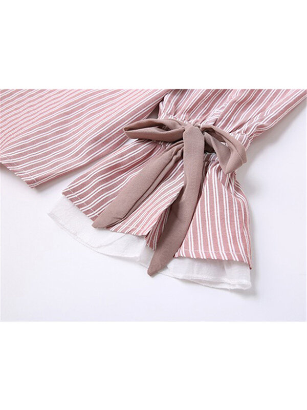 Camiseta de manga larga para mujer, ropa de encaje a rayas, moda coreana, Polo suelto con lazo rosa dulce, informal, combina con todo