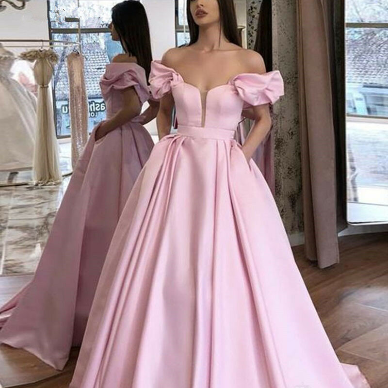 JEHETH Pink Off Shoulder 2022 Prom Dresses With Pockets Puffy Sleeves A-Line Satin Simple Long Formal Evening Gowns For Women