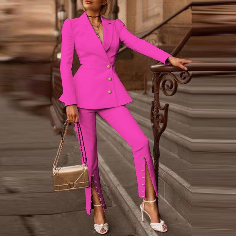 Setelan Kerah Lengan Panjang VONDA 2022 Blazer Musim Semi Wanita 2Pcs Mantel Formal Kantor Ropa De Mujer dengan Set Blazer Celana Panjang Hem Terpisah
