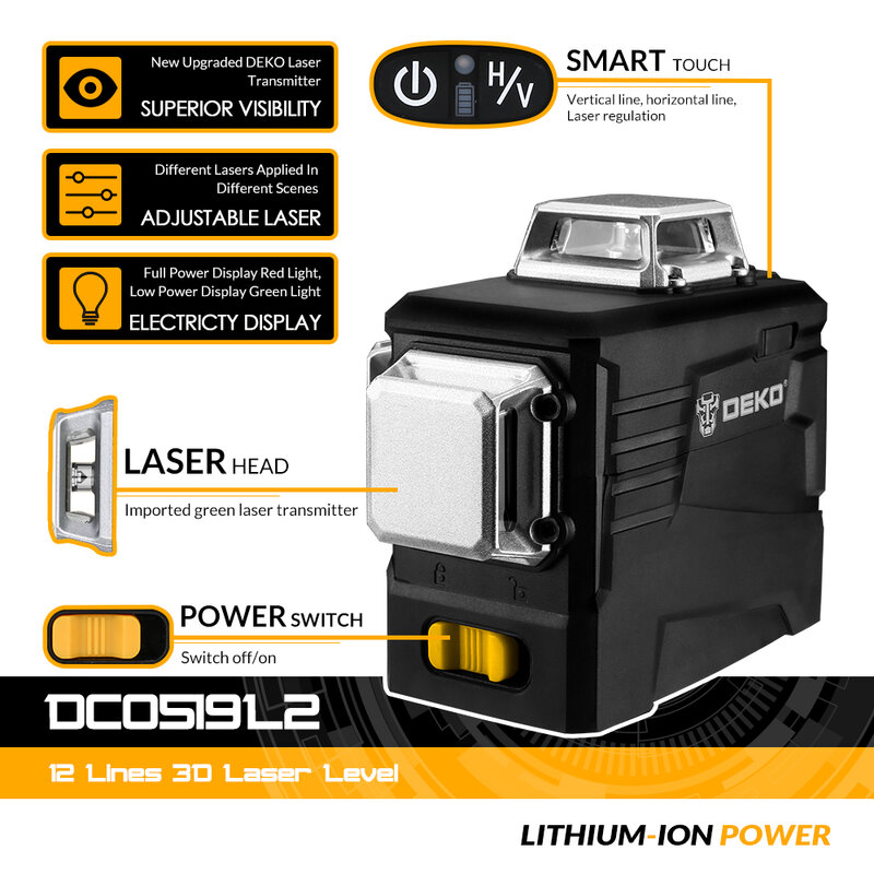 DEKO-Niveau laser 12 lignes 3D DKLL12PB1, lignes transversales vertes horizontales et verticales avec auto-abaissement, sortie d'usine