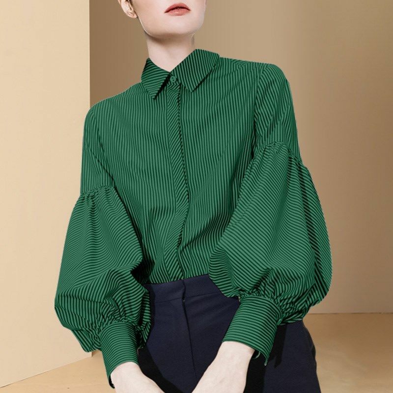 QWEEK Vintage Blouse Women Lantern Sleeve Shirt Lady Lapel Loose Striped Top Green Button Up Shirt Autumn Spring Elegant Fashion