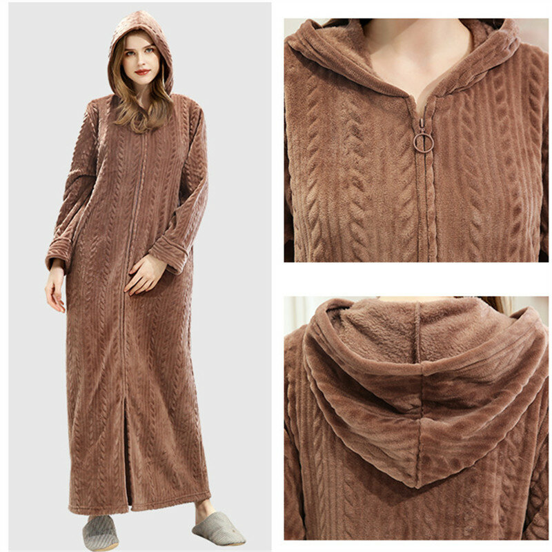 Winter Thick Coral Fleece Couple Bathrobe Warm Flannel Bath Robes Night Sleepwear Women Gown Zip Hooded