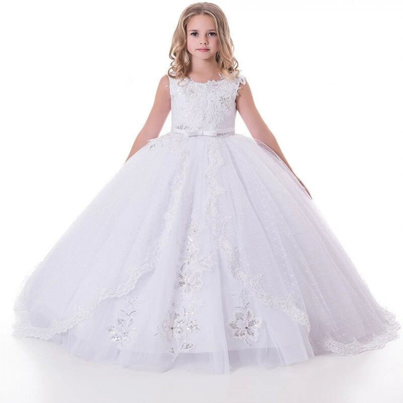 Gaun Gadis Bunga Putih untuk Pernikahan 2020 Gaun Kontes Gadis Renda Gaun Putri Komuni Pertama Anak-anak