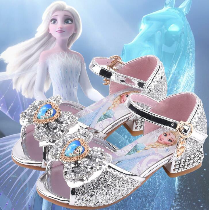 Sandal Perempuan Disney Sepatu Putri Frozen 2 Elsa Sepatu Kristal Anak Perempuan Kecil Sepatu Pertunjukan Catwalk Hak Tinggi Anak-anak