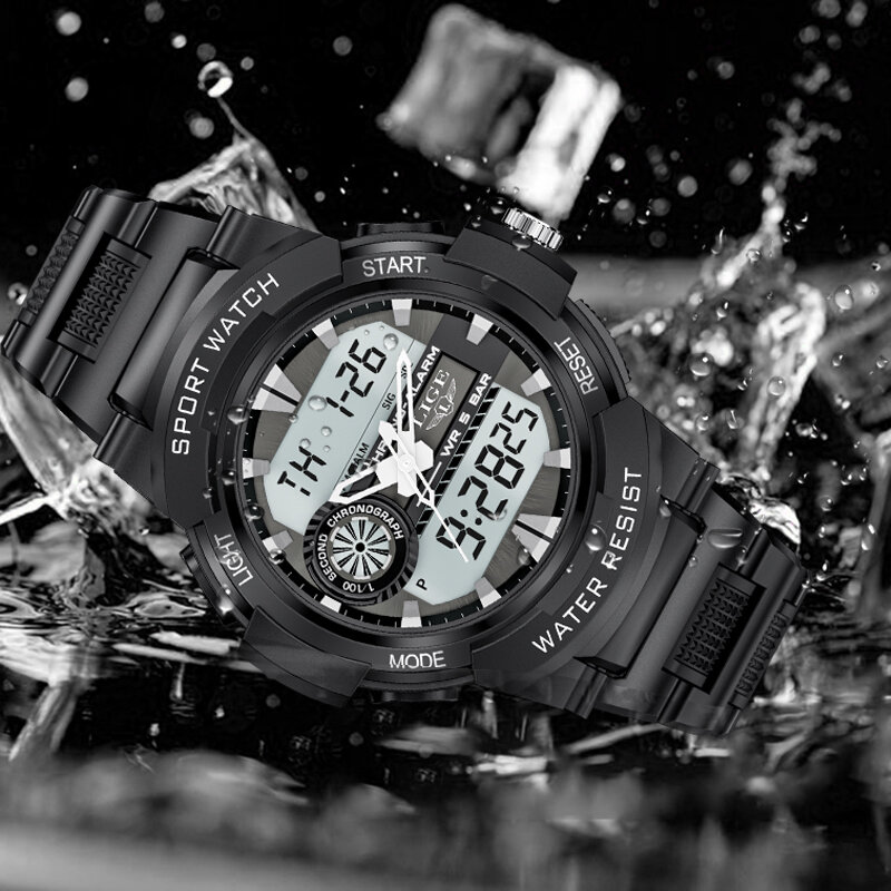 LIGE-relojes deportivos de doble hora para hombre, de cuarzo electrónico cronógrafo de pulsera, led, Digital, resistente al agua, militar, natación