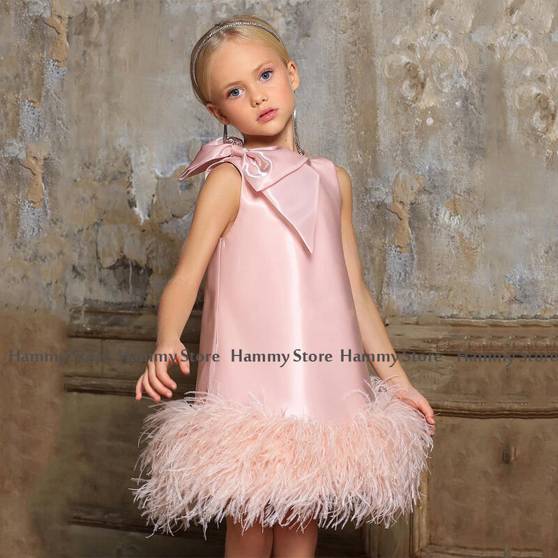 女の子のための大きなリボン付きのピンクの花柄のドレス,短いストレートのイブニングドレス,膝下の誕生日ドレス