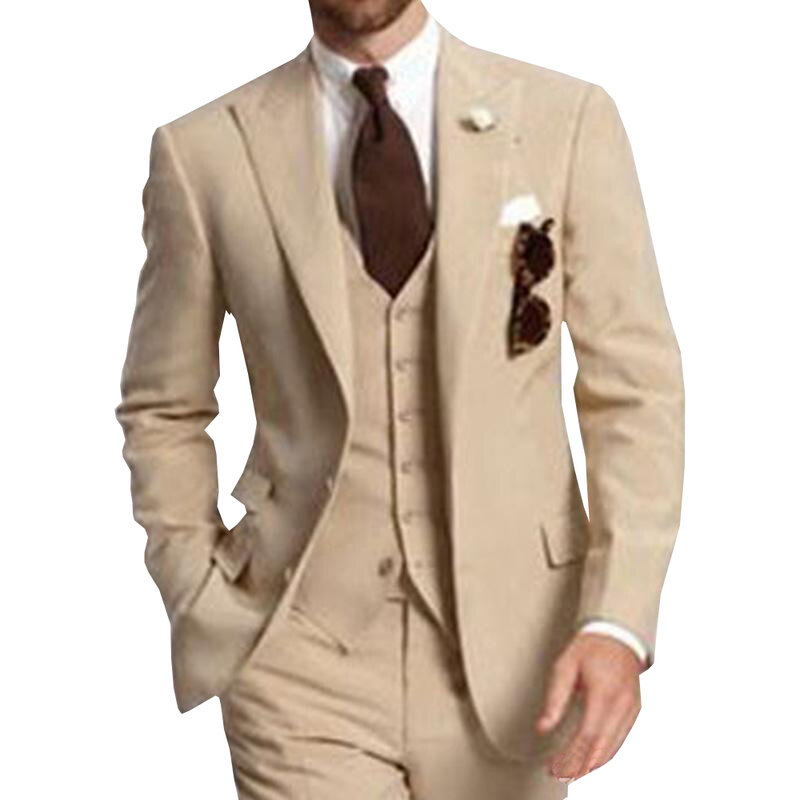 Beige Three Piece Business Party Best Men Suits Peaked Lapel Two Button Custom Made Wedding Groom Tuxedos 2022 Jacket Pants Vest
