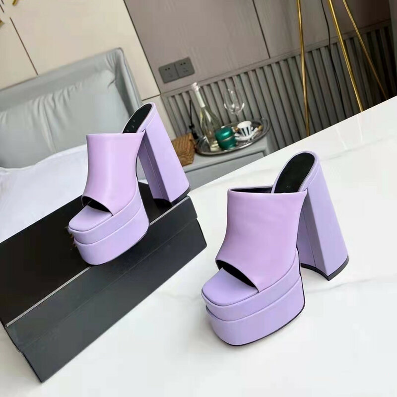 Sandal Kaki Persegi Platform Hak Tinggi Super 2022 Hak Tinggi Ujung Terbuka Sepatu Mode Pump Wanita Musim Panas Pesta Ukuran Besar 35 ~ 43