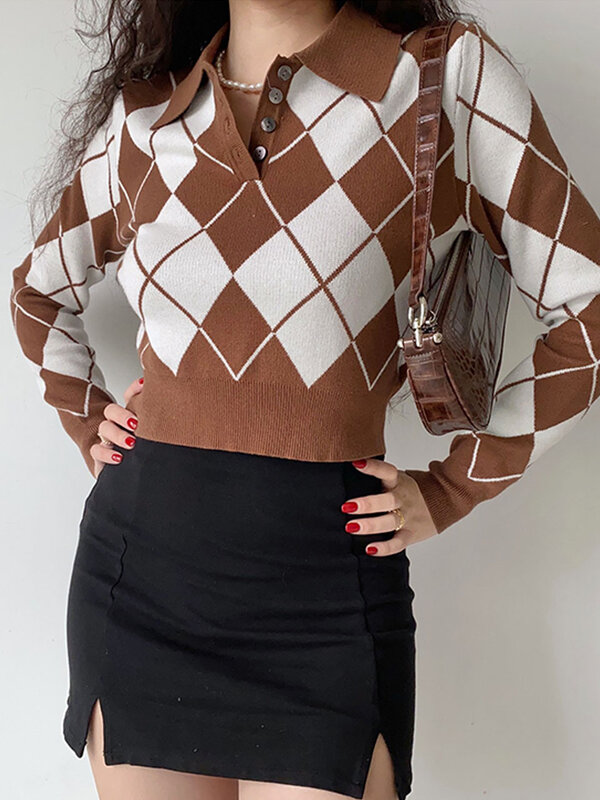 Vintage Argyle Sweaters Women New Autumn Winter Thick Warm Pullover Top Plaid Casual Slim Knitted Jumper Female Pull Fashion