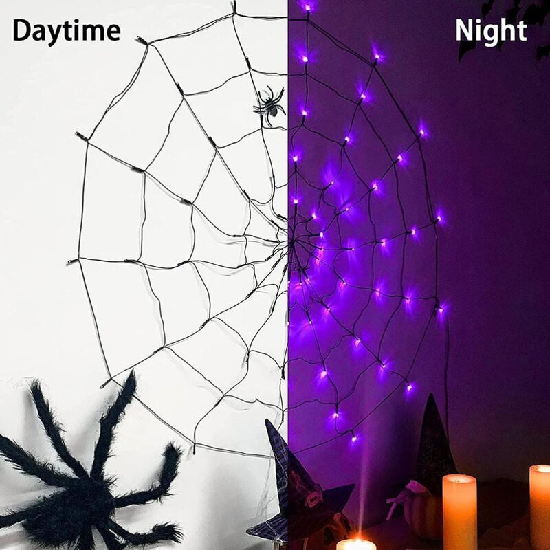 Lampu Jaring Laba-laba Hitam Tenaga Surya 60LED Lampu Dinding Jaring Laba-laba Halloween Tahan Air untuk Dekorasi Jendela Luar Ruangan Halaman Pesta