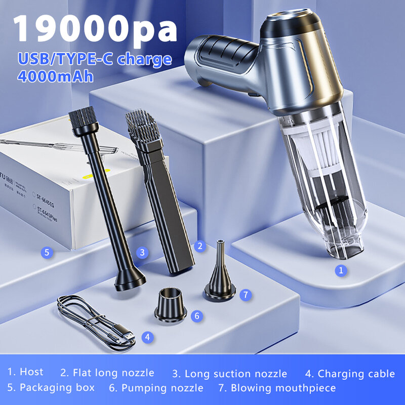 19000Pa Portable Wet and Dry Car Vacuum Cleaner for Home High-power Cordless Handheld Multi-function Wireless Cleaning Appliance