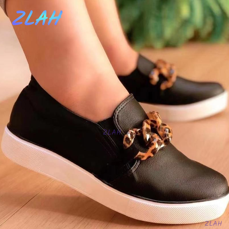 Novo estilo feminino tamanho grande sapatos de metal decoração calçados esportivos femininos zlah casual preto sapatos femininos mocassins mid-heel sapatos planos