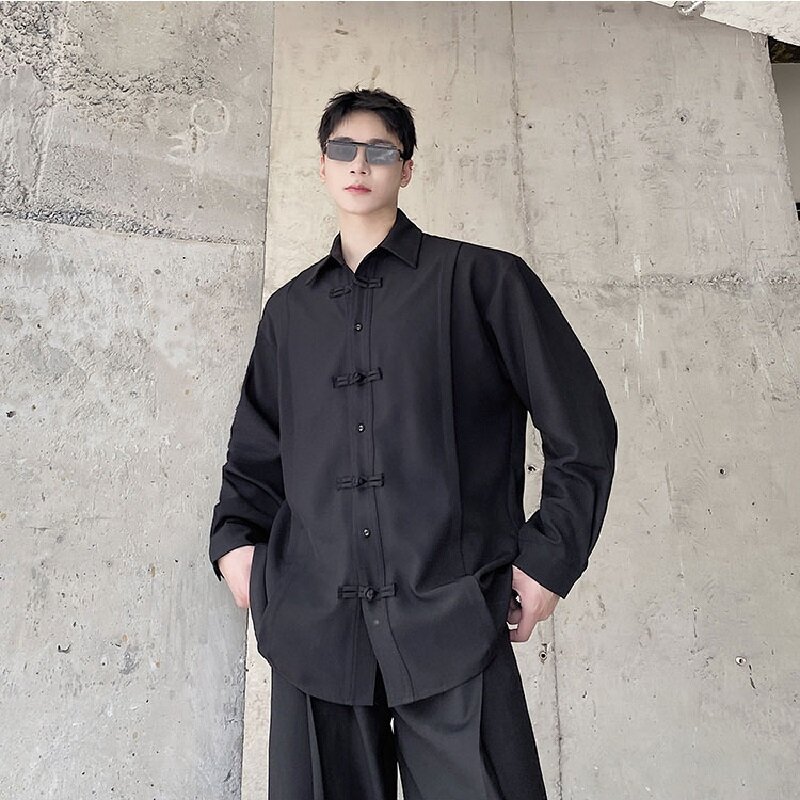หรูหราสไตล์จีนเสื้อสำหรับชาย Disc หัวเข็มขัด Designer เสื้อแขนยาว Niche Original เสื้อเยาวชนชาย Streetwear เสื้อผ้า