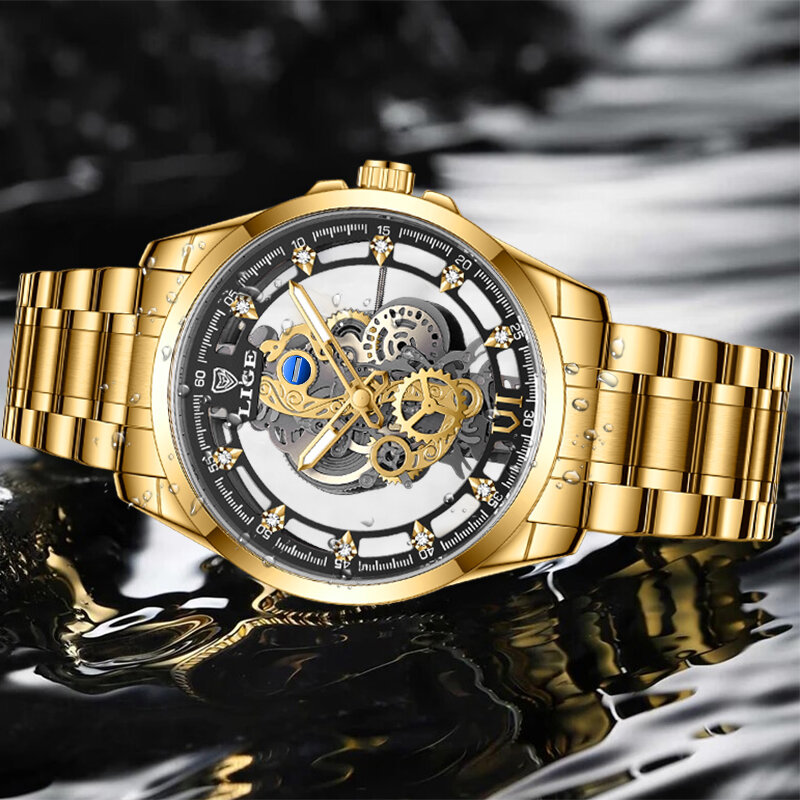LIGE 2023ใหม่นาฬิกาข้อมือสำหรับผู้ชายโครงกระดูกอัตโนมัตินาฬิกาควอตซ์นาฬิกา Gold Skeleton Retro Man นาฬิกายี่ห้อ Luxury Mens นาฬิกาข้อมือนาฬิกา Reloj Hombre