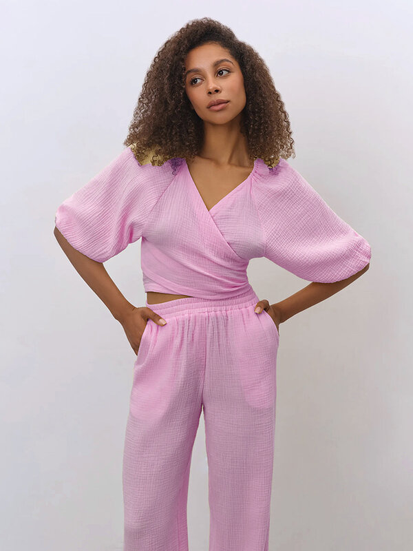 Hiloc-Conjuntos de pijamas de algodão feminino, pijama com decote em v, tops de meia manga, cintura alta, roupas casuais, azul